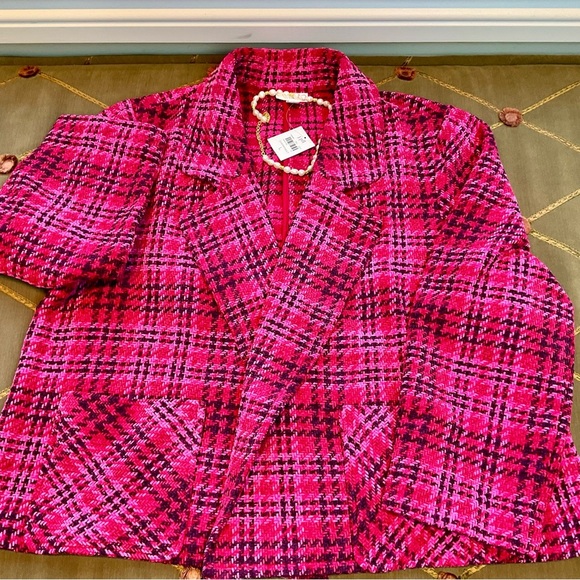 sold J. Jill Blazer Jacket Chenille Pink Multi Plaid Patch Pockets (L) NWT - Picture 5 of 8